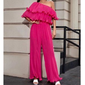 Pink Oversized ruffled one shoulder top and wide leg pants Coord Set